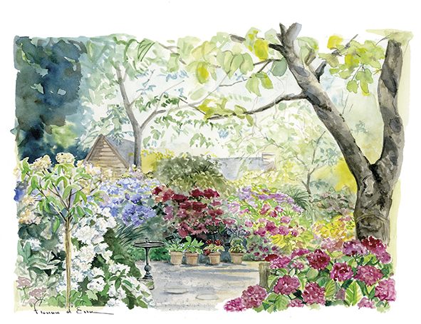 Le Petit jardin d'hortensias affiche A4 fleurie